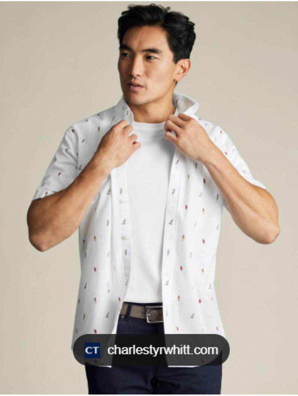 Short Sleeve Non-Iron Poplin Ice Cream Print Shirt - White sz M slim